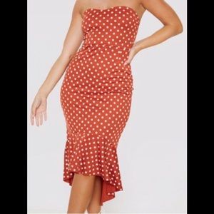 Strapless high low polka dot dress